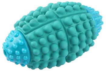 Teal rubber chew ball covered in rows of rounded bumps, with a lighter nubbed tip