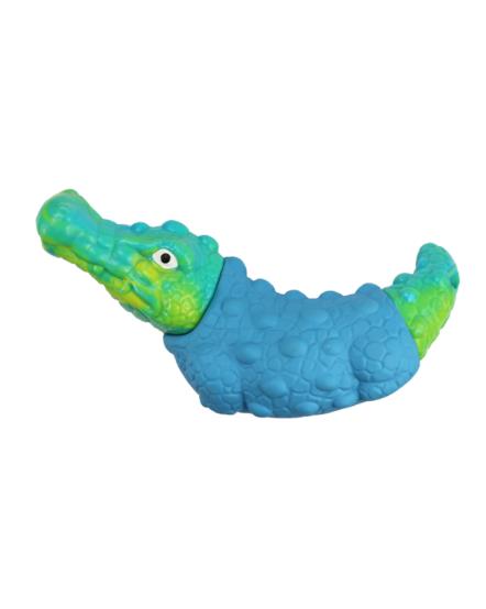 Moulded two-tone crocodile chew toy with a raised dotted surface