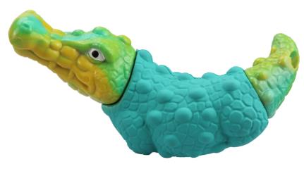Moulded crocodile chew toy in teal with a textured head and tail and raised scale bumps