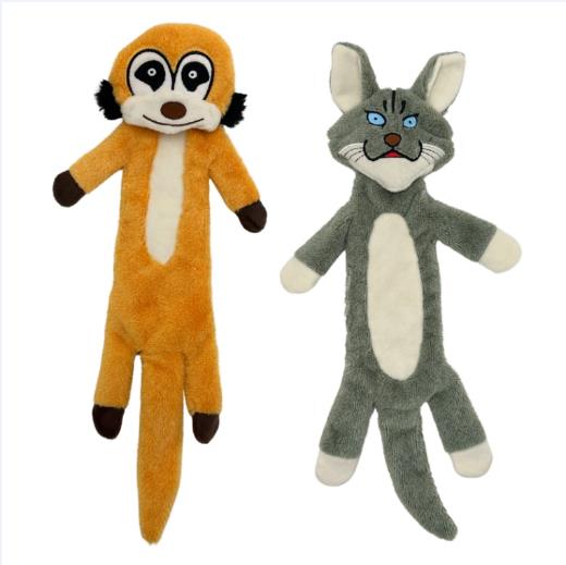 Long-bodied plush toys in orange and grey, one shaped as a monkey and one shaped as a sitting cat with an embroidered face