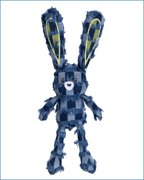 Plush toy in blue and grey plaid fleece with frayed fringed ends